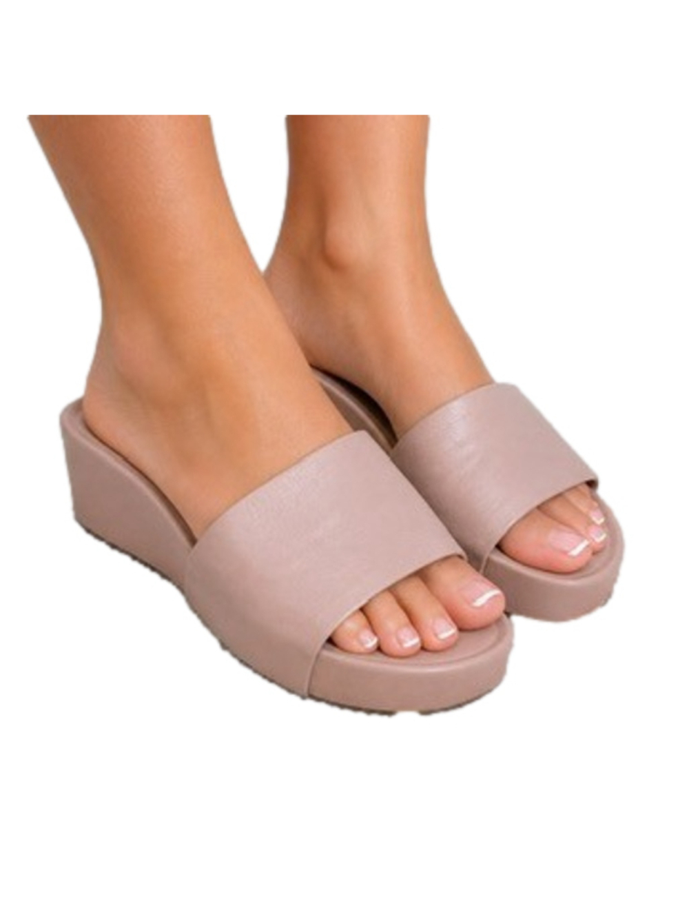 BEEK Pelican Leather Platform Slide Sandals Blush Tan Chunky Wedge Open Toe Sz 9